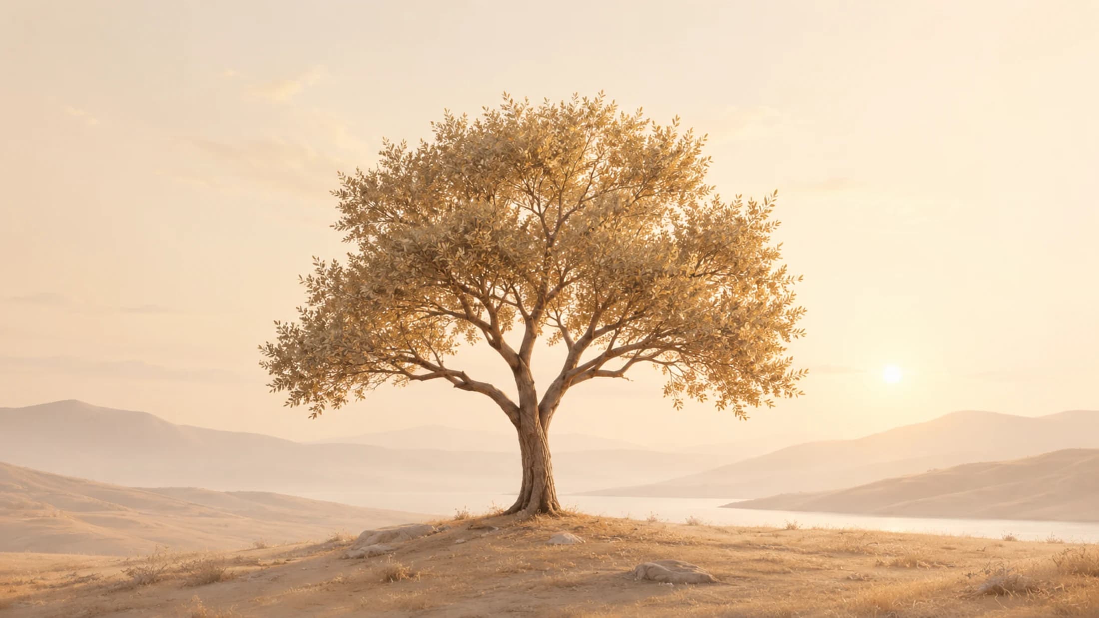 Ein goldener Baum in einer ruhigen Landschaft.